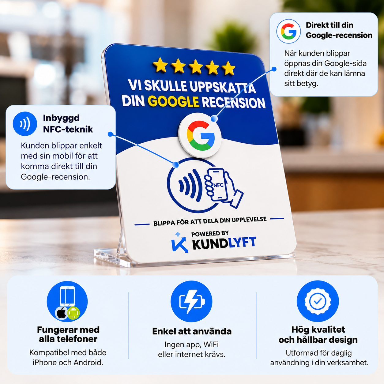 KUNDLYFT-kort med inbyggd NFC-teknik på ett café